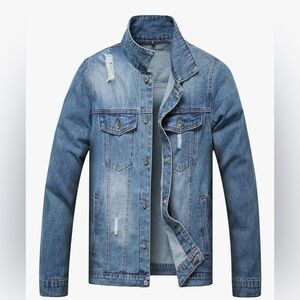 LZLER Men's Blue Denim Jacket Distressed Destroyed Classic Vintage Ripped Trendy